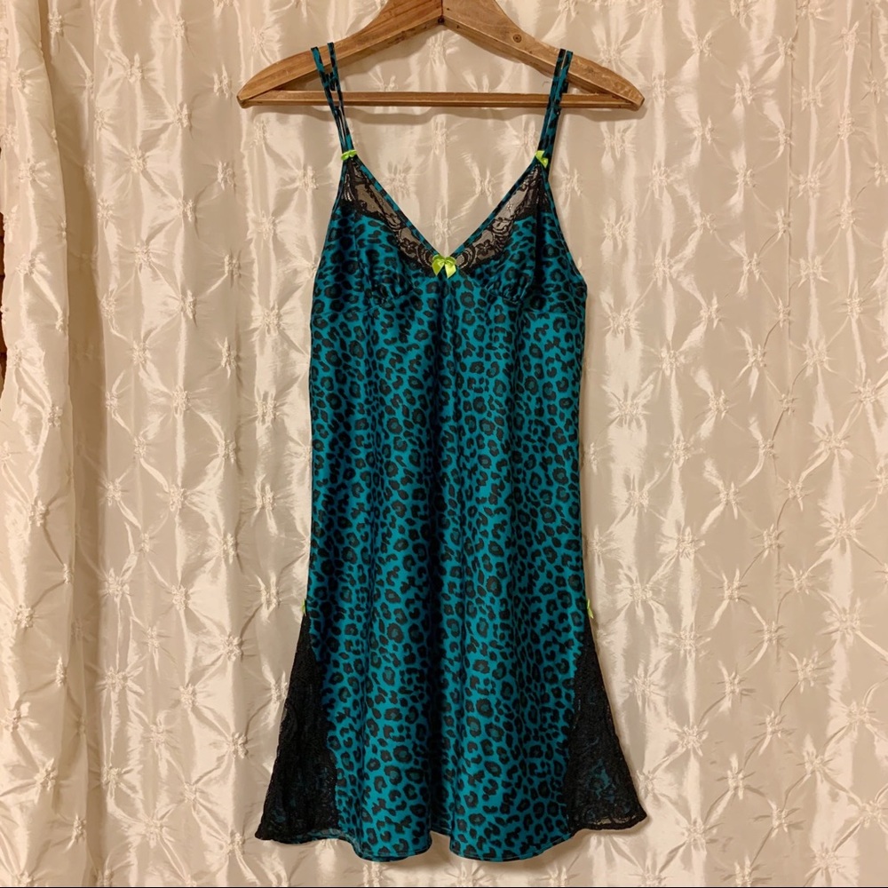 Betsey Johnson Blue Cheetah Animal Print Nightie Slip Chemise Lingerie